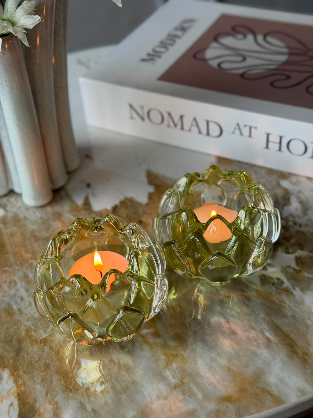 Ljusstake grön lotus - Set med 2 st